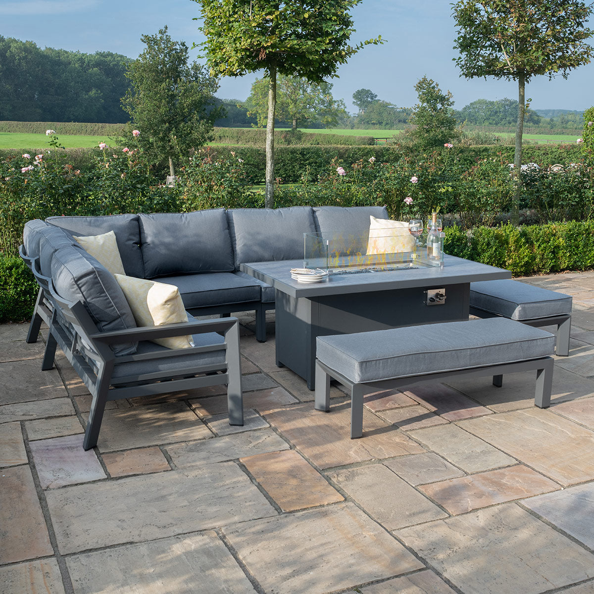 New York Aluminium Corner Dining Set - With Fire Pit Table
